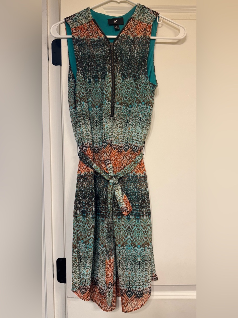Iz Byer Teal and Orange Patterned Sleeveless Dress
